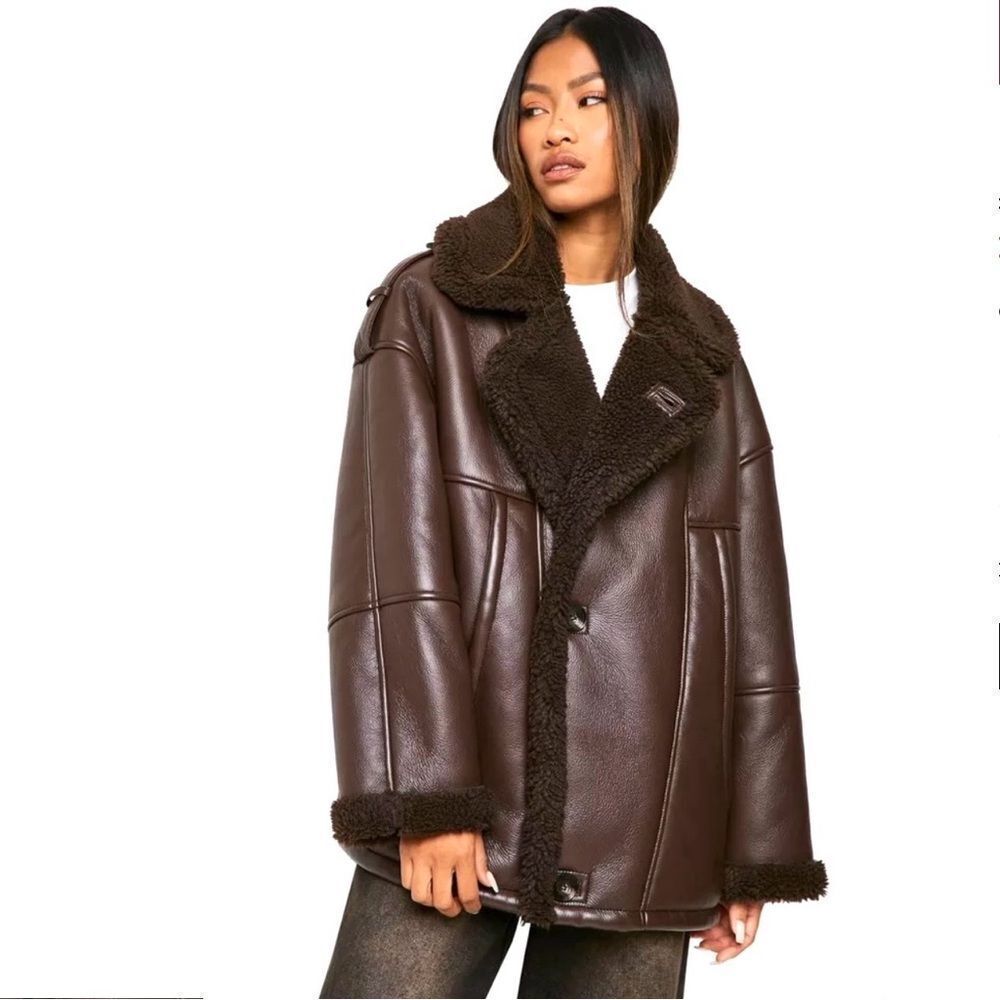 Boohoo Oversized Faux Leather Bomber Jacket in Chocolate - Picture 3 of 5